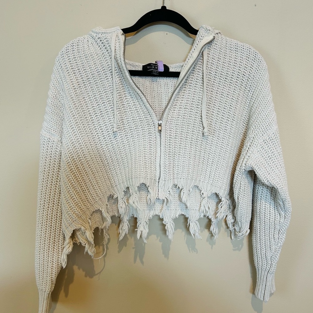 Blue Blush cropped distressed zip up sweatshirt